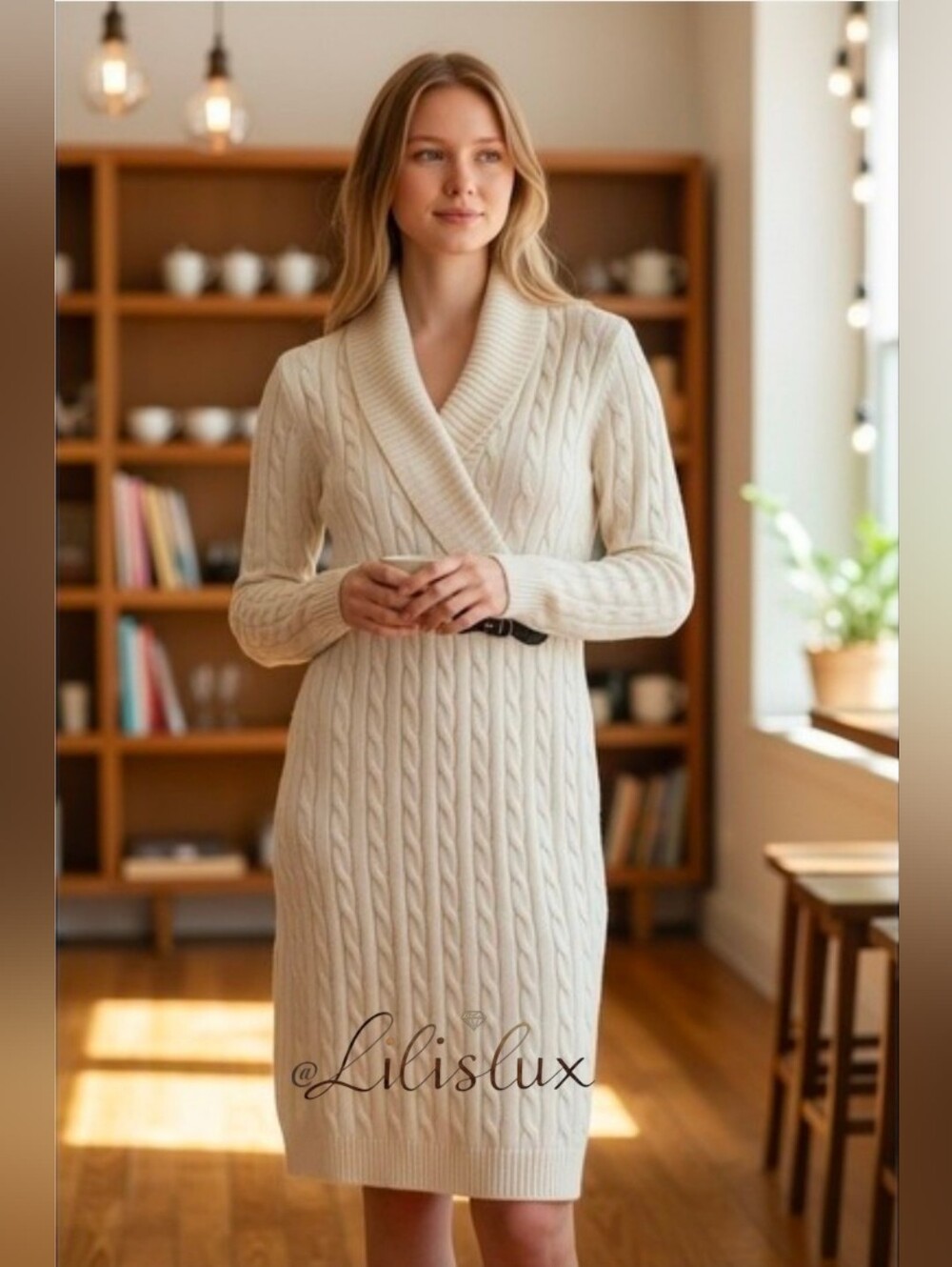 Calvin Klein Size M Ivory Cable Knit Faux Wrap Leather Buckle Sweater Dress EUC - Picture 4 of 16